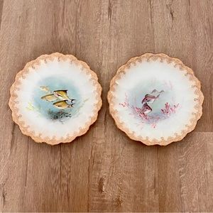 1886 Royal Doulton Burslem England HandPainted Fish Plates 9” Signed Antique 2pc